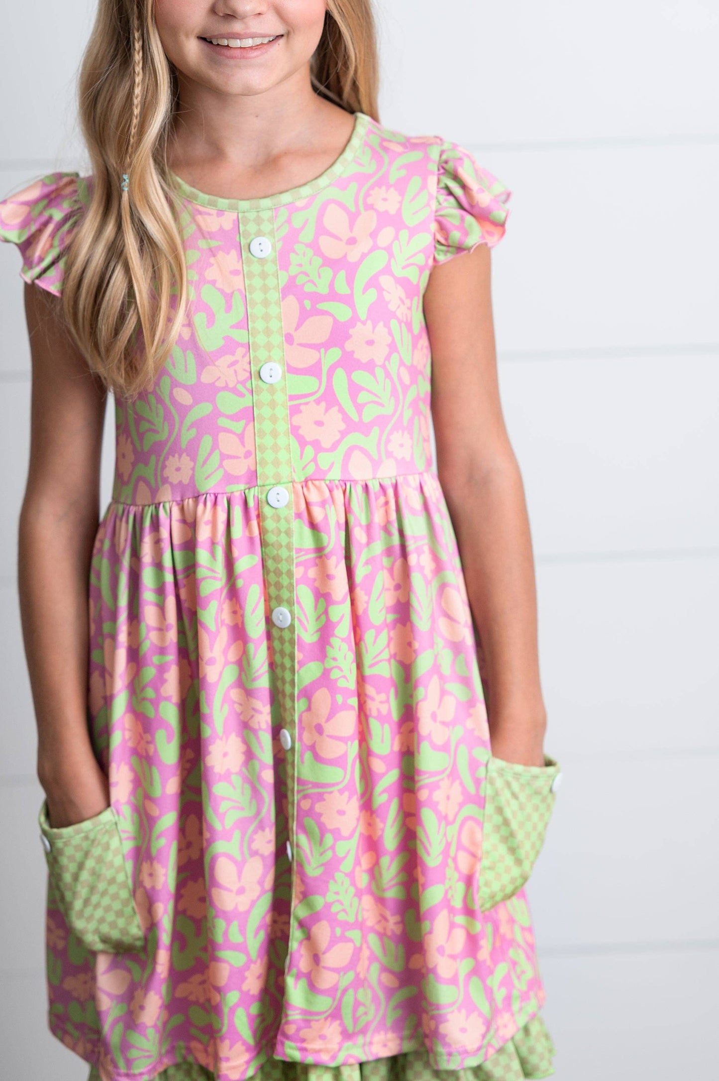 Girls Camila Green Floral Button Pocket Spring Summer Dress