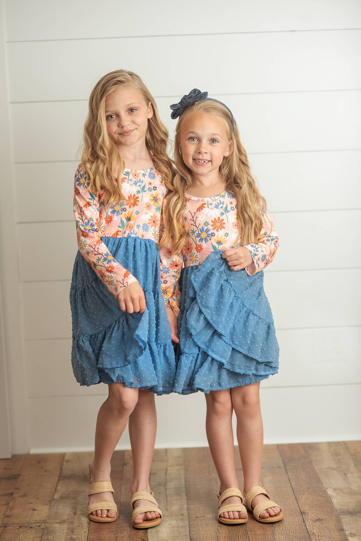Kids Dusty Blue Flower Print Swiss Dot Tulle Dress
