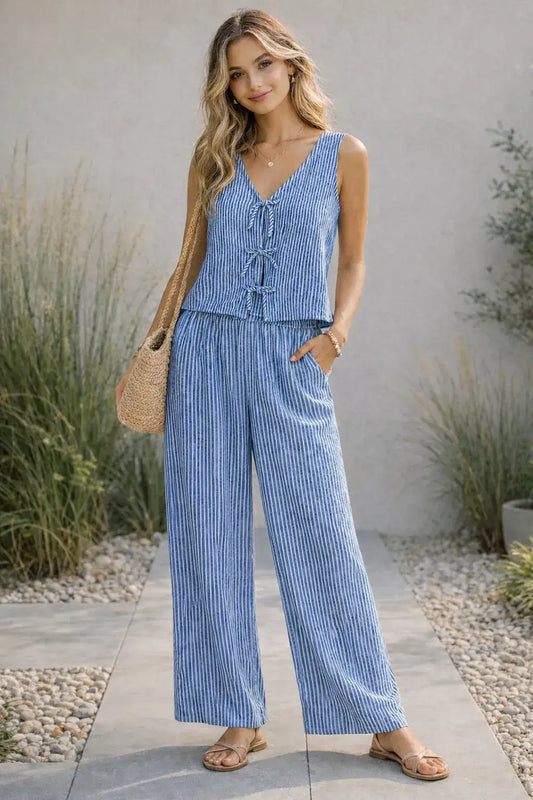 Striped V-Neck Bow Tie Front Vest ONLY