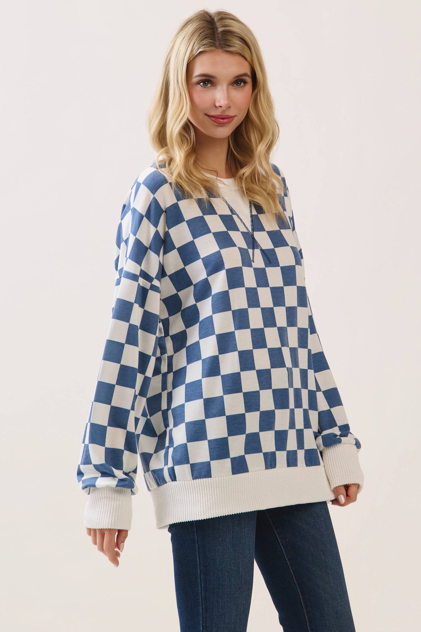 Checkered Print Drop Shoulder Pullover Top T6165