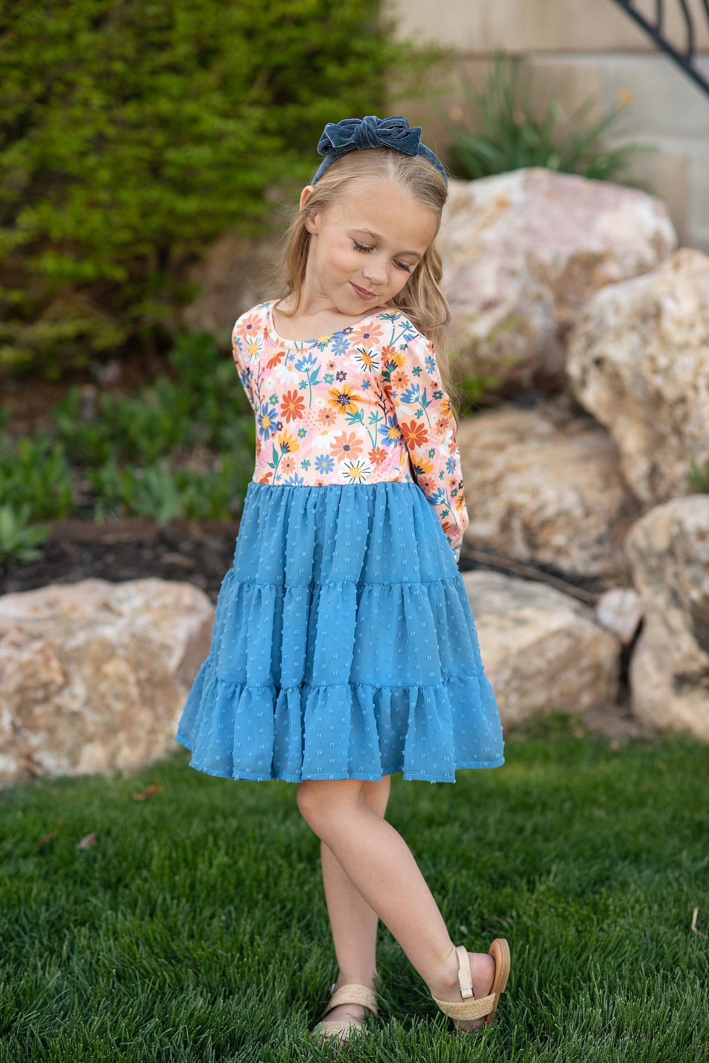 Kids Dusty Blue Flower Print Swiss Dot Tulle Dress