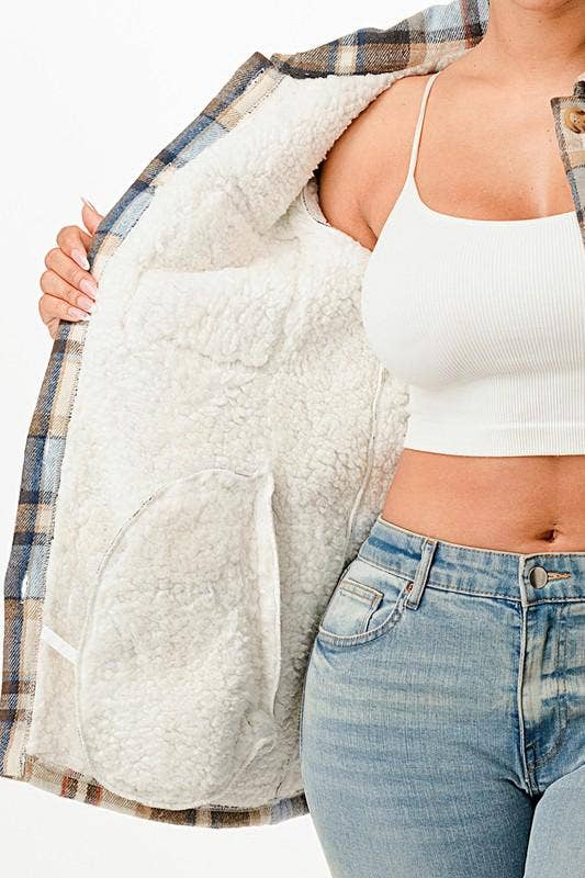 Fur lined plaid flannel shirt jacket shacket with pockets