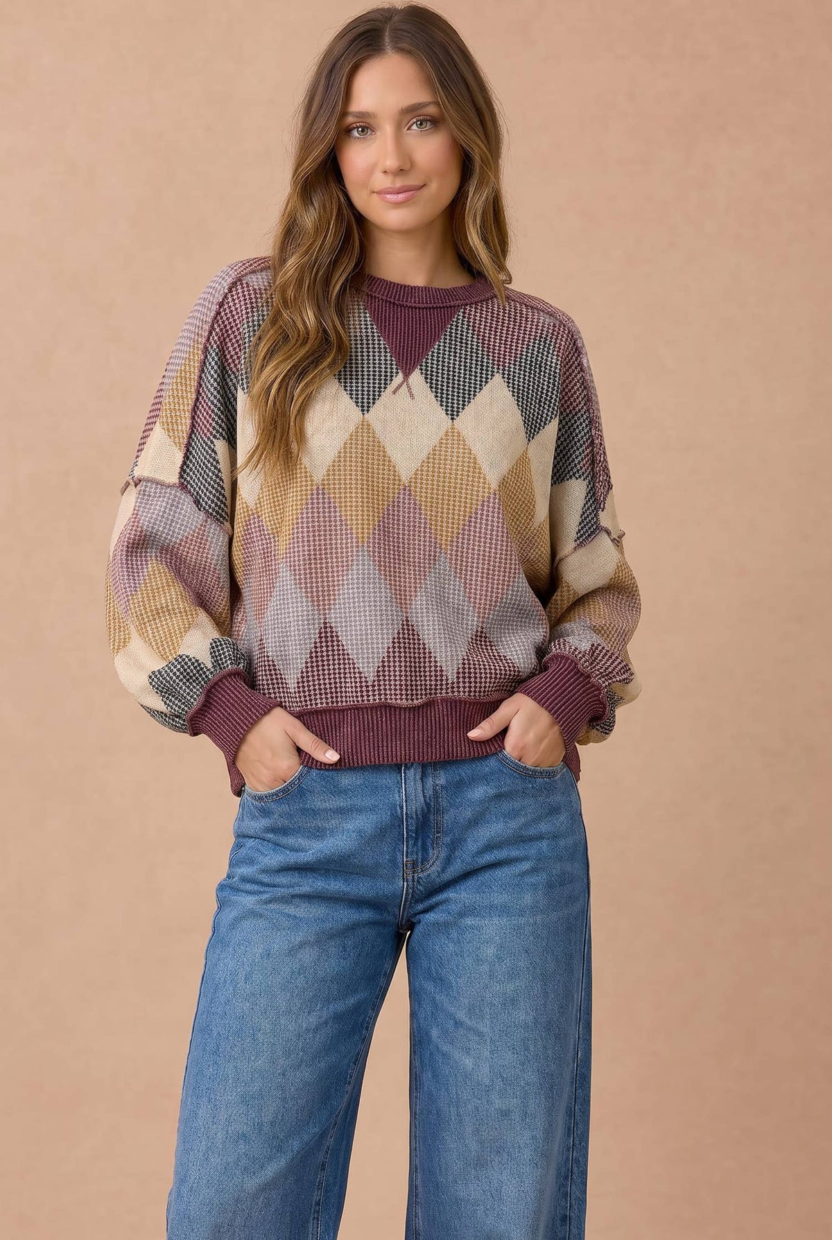 Argyle Waffle Wave Rib Banded Hem Pullover