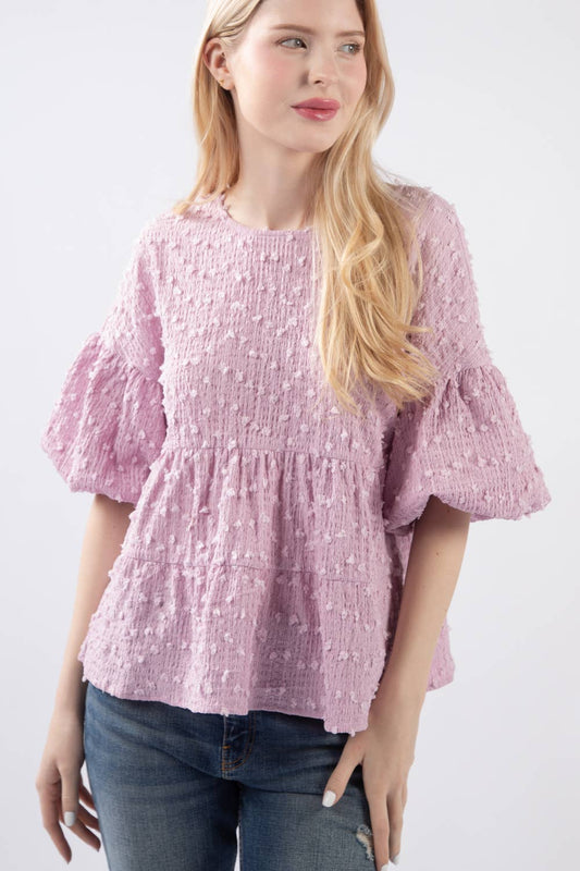 Crinkle Pom Pom Knit Puff Sleeve Babydoll Top