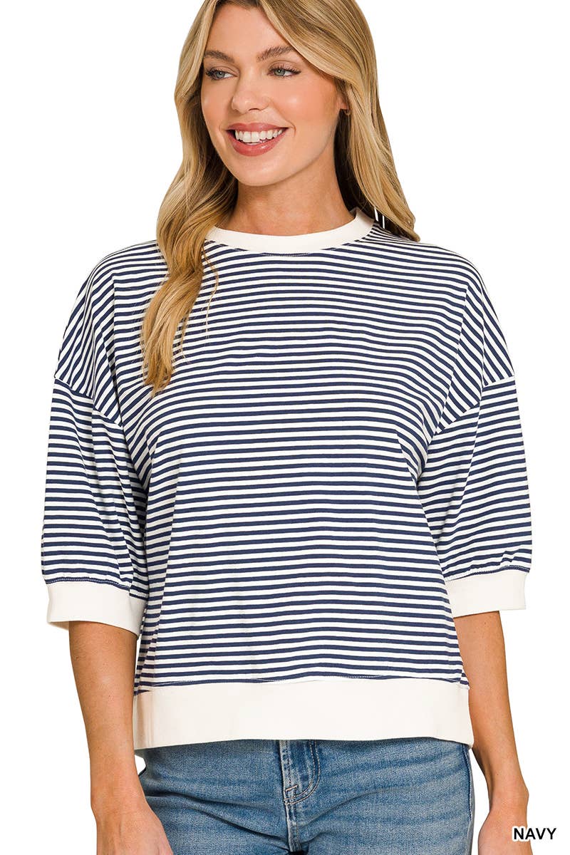 Striped Contrast Trim Banded Bottom Top - Zenana