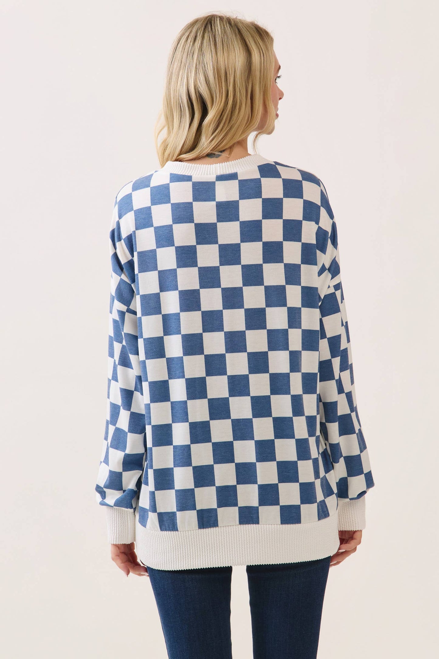 Checkered Print Drop Shoulder Pullover Top T6165