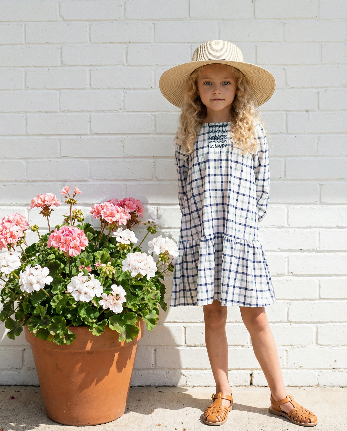 Girls Navy & White Plaid Smocked Ruffle Spring Dress