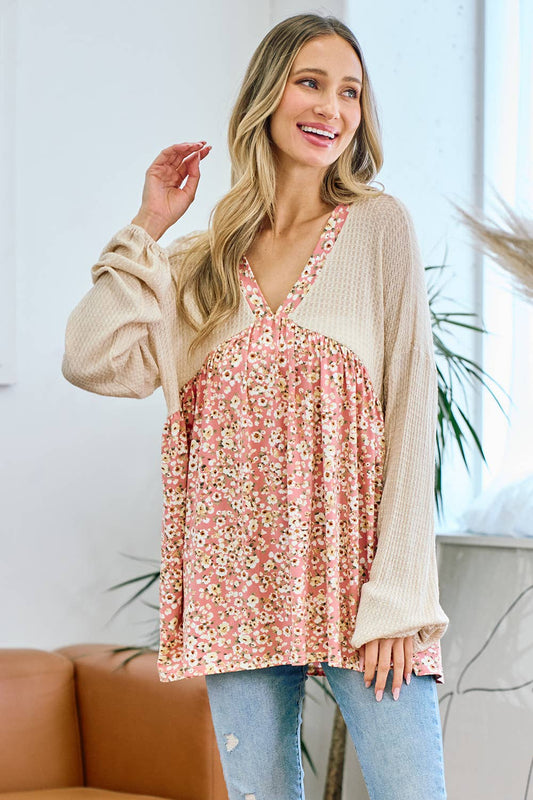 LET ME KNOW WAFFLE CONTRAST FLORAL TUNIC