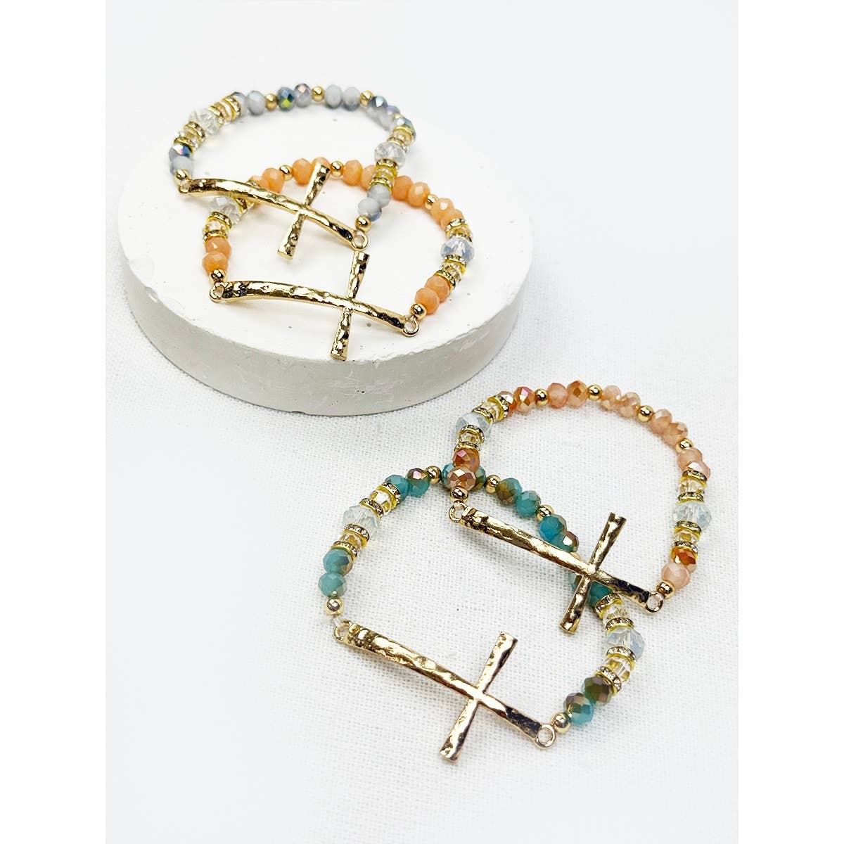 Hammered Cross Bead Stretch Bracelet